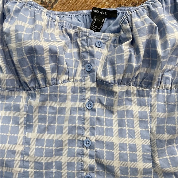 Baby Blue Plaid Puff Sleeve Crop Top Daisy Duke Medium - Picture 7 of 11